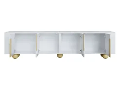 Móvel De Tv* Móvel para TV, 180 cm, 4 portas, design elegante, acabamento com efeito mármore, pés esféricos de madeira, Branco