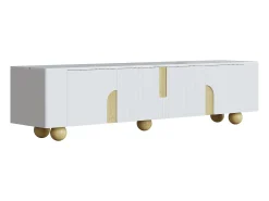 Móvel De Tv* Móvel para TV, 180 cm, 4 portas, design elegante, acabamento com efeito mármore, pés esféricos de madeira, Branco