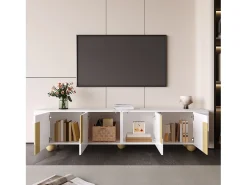Móvel De Tv* Móvel para TV, 180 cm, 4 portas, design elegante, acabamento com efeito mármore, pés esféricos de madeira, Branco
