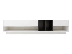 Best Móvel para TV, aparador baixo, combinação em brilhante e preto. Design em blocos de cores, gavetas, compartimentos, múltiplos espaços de armazenamento. Branco