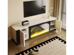 Discount Móvel para TV, aparador baixo com efeito de chama de lareira elétrica, sem função de aquecimento, branco Preto