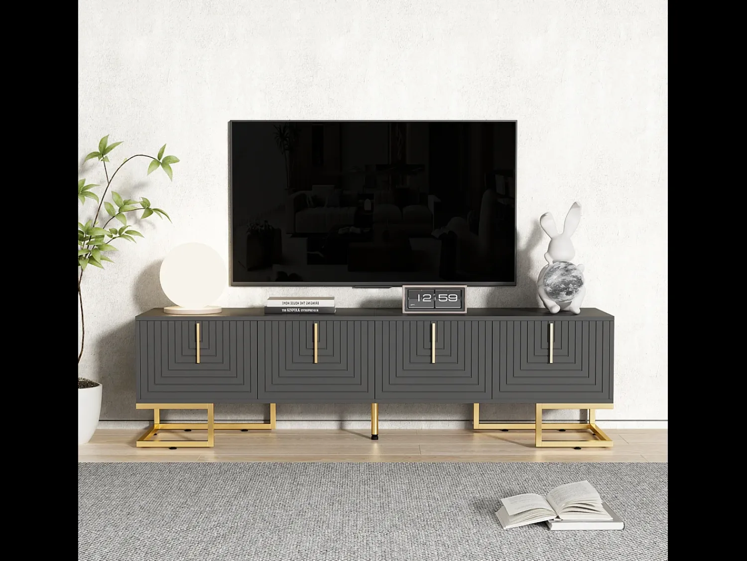 Móvel para TV, armário baixo com portas e gavetas, rack para TV de sala de estar com puxadores dourados e cinza. Preto