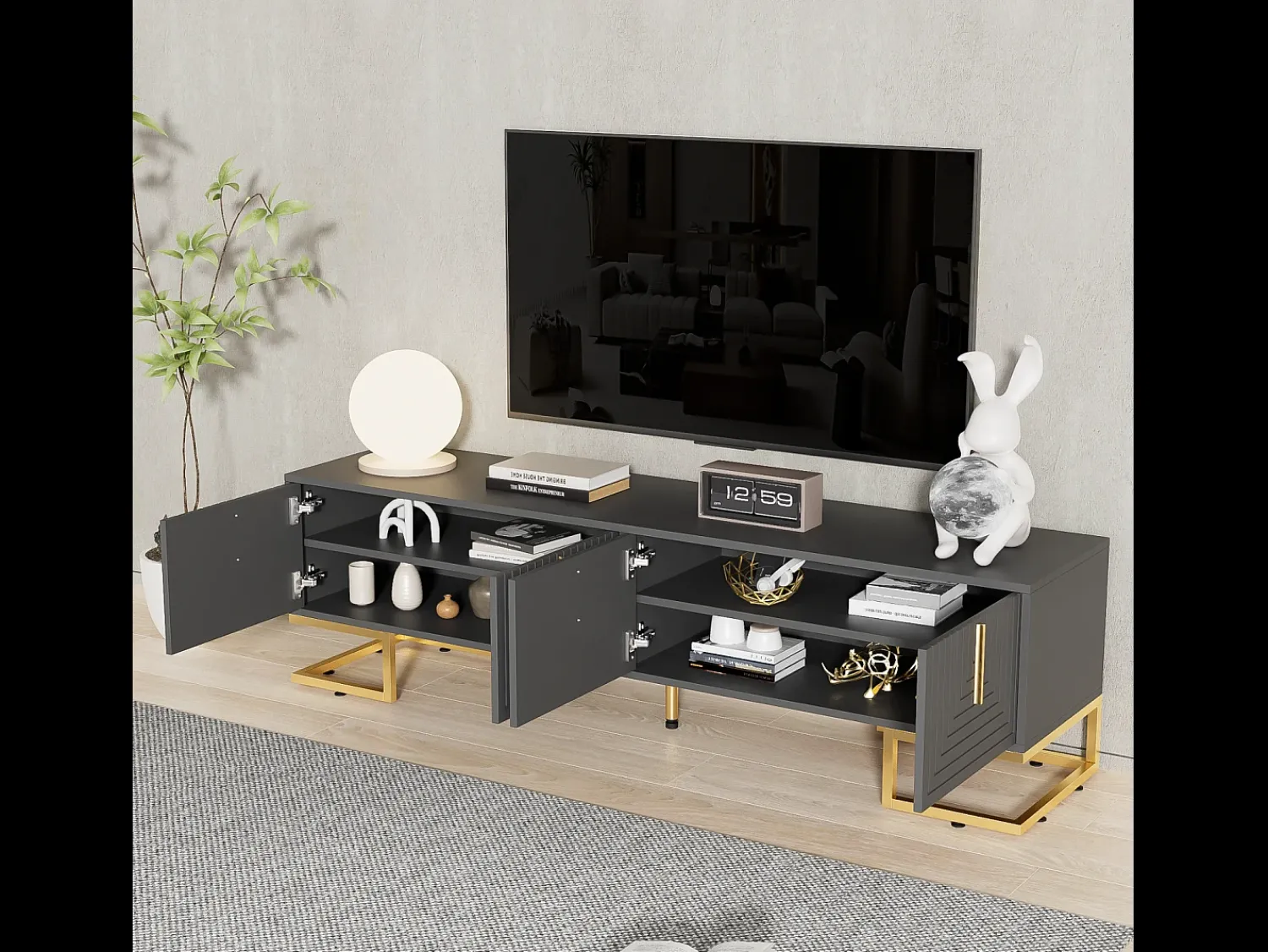 Móvel para TV, armário baixo com portas e gavetas, rack para TV de sala de estar com puxadores dourados e cinza. Preto