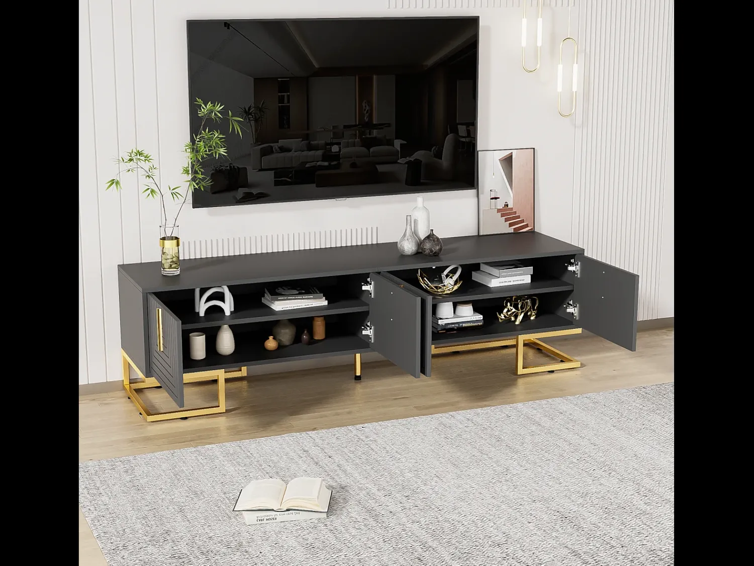 Móvel para TV, armário baixo com portas e gavetas, rack para TV de sala de estar com puxadores dourados e cinza. Preto