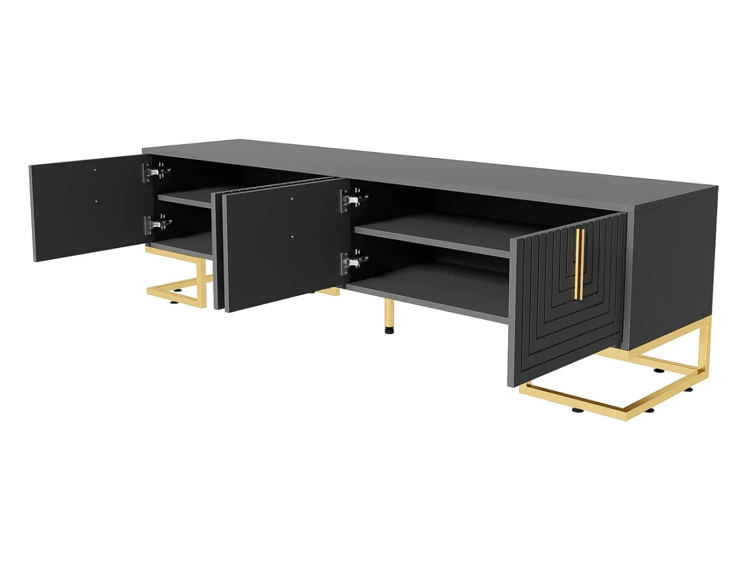Móvel para TV, armário baixo com portas e gavetas, rack para TV de sala de estar com puxadores dourados e cinza. Preto