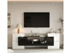 Clearance Móvel para TV baixo de 200 cm, com iluminação LED, design moderno e elegante superfície de vidro, para sala de estar, . Branco