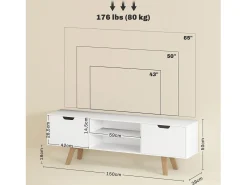 Móvel De Tv| Móvel para TV , 150 × 39 × 50 cm, com 2 armários e 2 prateleiras, para TVs de até 65 polegadas. Ideal para sala de estar. Branco