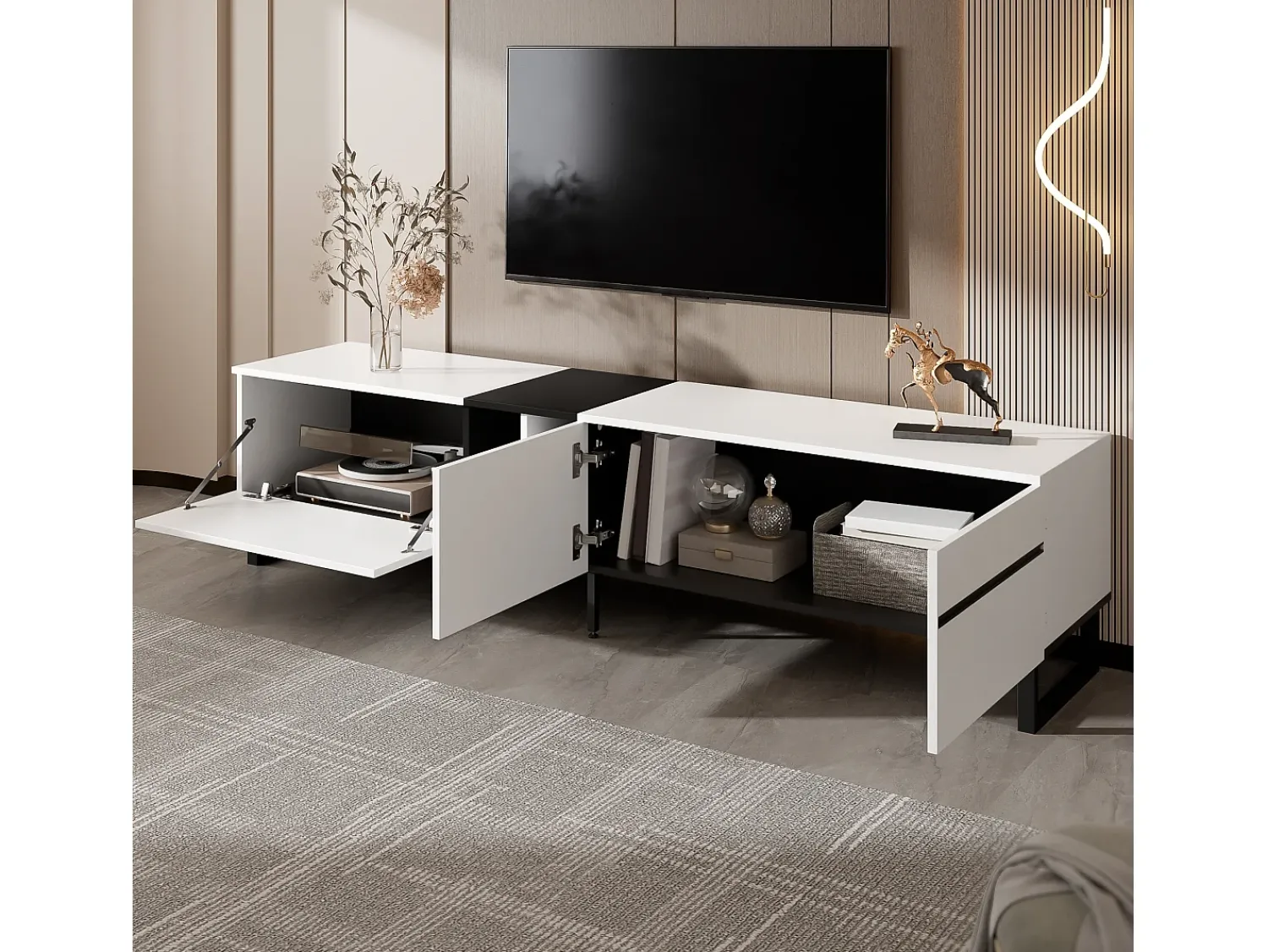 Móvel De Tv*Hauss Spole Móvel para TV de 180 cm com 3 portas - Madeira PB - e preto Branco
