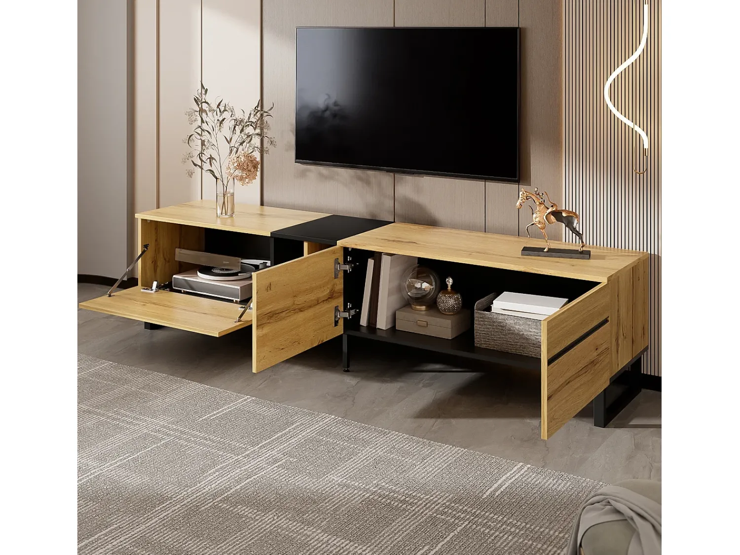 Móvel De Tv*Hauss Spole Móvel para TV branco de 180 cm com 3 portas - Madeira PB - Cor: Madeira e preto Natural claro