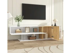 Móvel De Tv|ModernLuxe Móvel para TV brilhante 180×38×48 cm - com 2 portas - prateleiras de vidro - acabamento madeirado - painel de partículas - branco + natural Natural claro / Branco