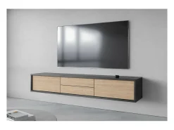 Meublorama Móvel para TV 180cm, 2 gavetas e 2 portas coleção MAANUM. Cor cinza e carvalho claro.^ Móvel De Tv