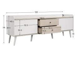 Móvel De Tv*Hauss Spole Móvel para TV com 2 gavetas e 2 portas de correr, porta às riscas, e madeira. Branco