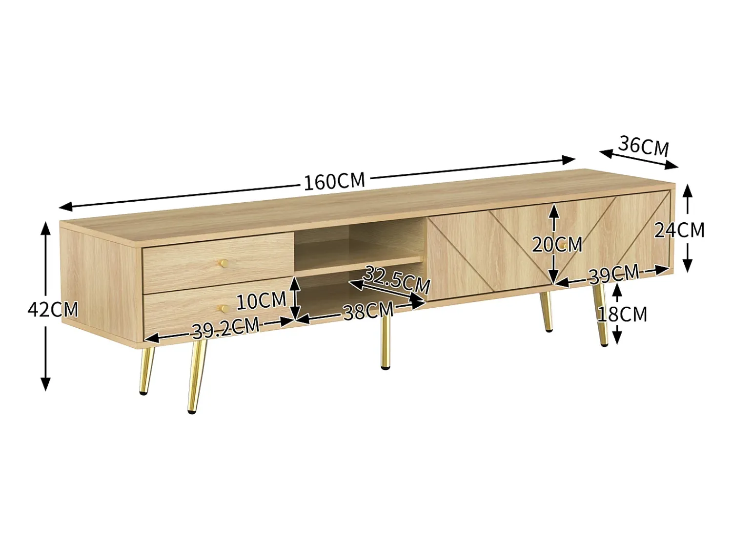 Hauss Spole Móvel para TV com 2 gavetas e 2 portas, pés dourados, 160 x 36 x 42 cm^ Móvel De Tv
