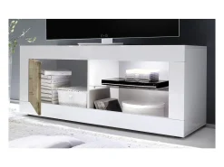 Móvel De Tv|Meublorama Móvel para TV com 1 porta, coleção CISA, nas cores brilhante laqueado e carvalho claro. Branco