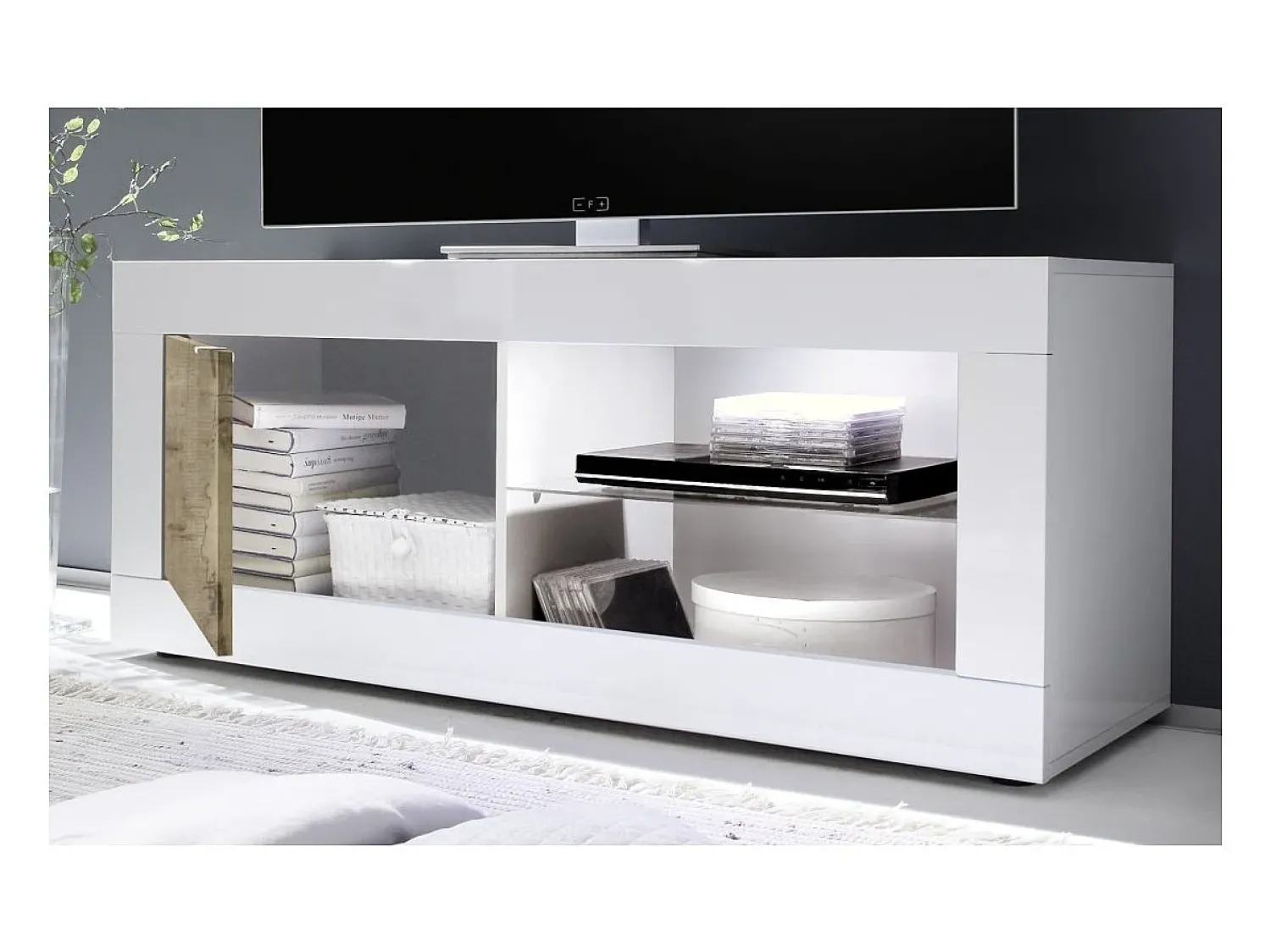 Móvel De Tv|Meublorama Móvel para TV com 1 porta, coleção CISA, nas cores brilhante laqueado e carvalho claro. Branco