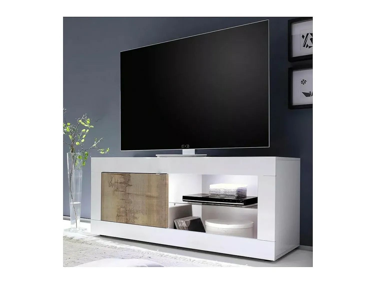 Móvel De Tv|Meublorama Móvel para TV com 1 porta, coleção CISA, nas cores brilhante laqueado e carvalho claro. Branco