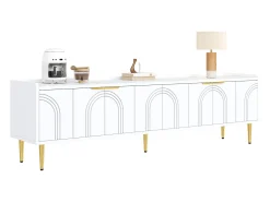 Móvel De Tv|Merax Móvel para TV com 4 portas texturizadas - 170 x 35 x 47,5 cm - puxadores e pés dourados - MDF - Branco