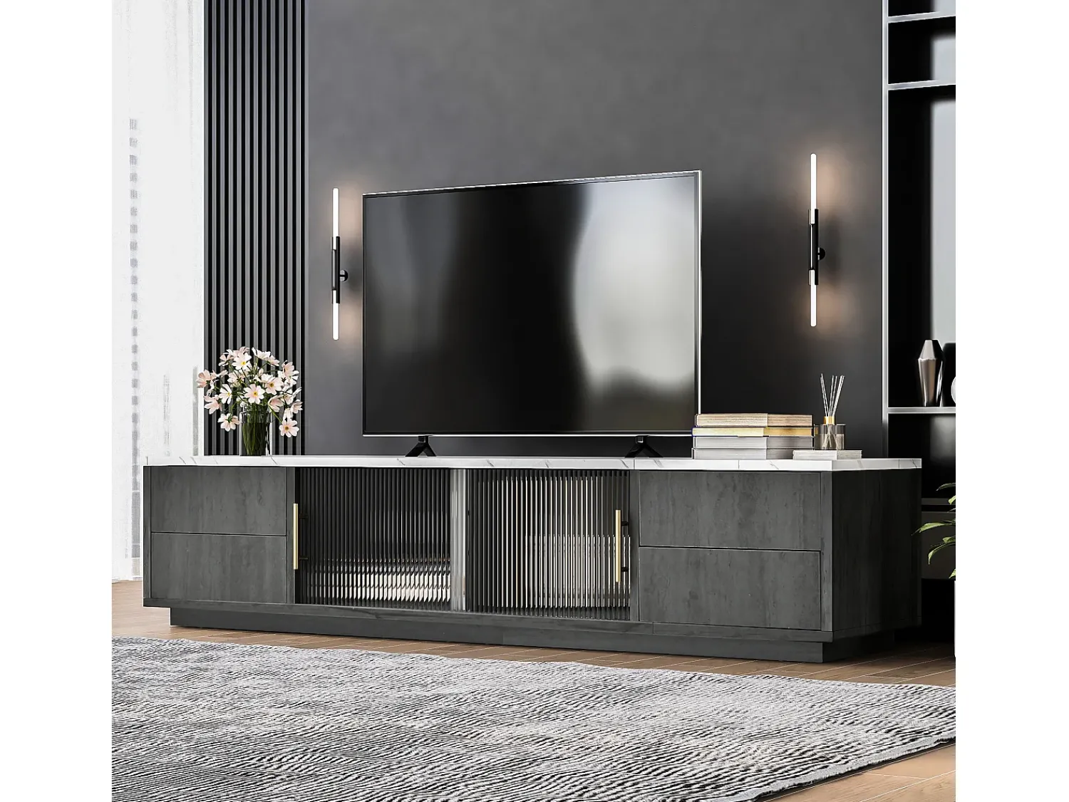 Móvel De Tv|Hauss Spole Móvel para TV com 2 portas de vidro e 4 gavetas - Tampo com efeito de mármore branco - Cinza Cinzento