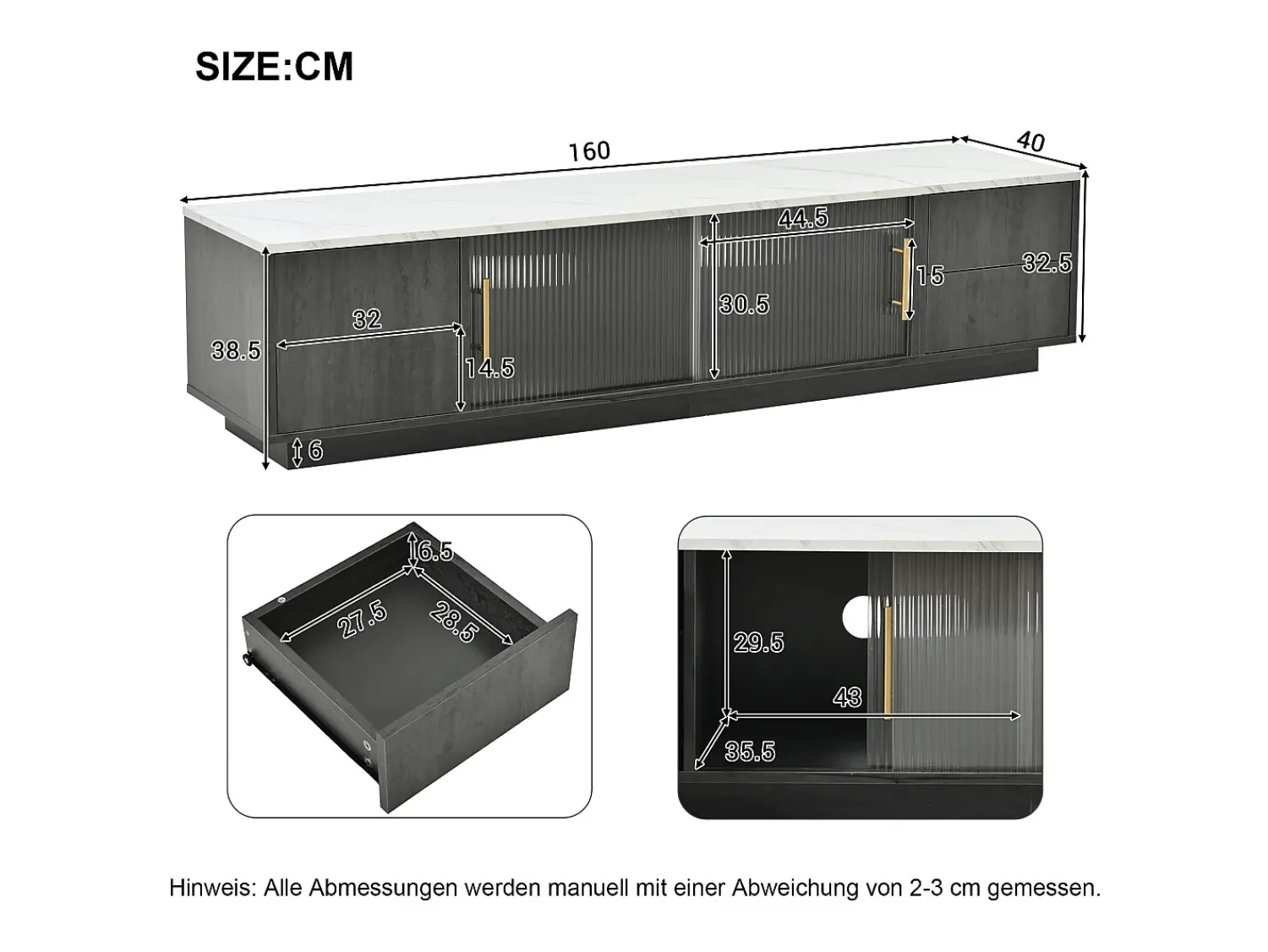Móvel De Tv|Hauss Spole Móvel para TV com 2 portas de vidro e 4 gavetas - Tampo com efeito de mármore branco - Cinza Cinzento