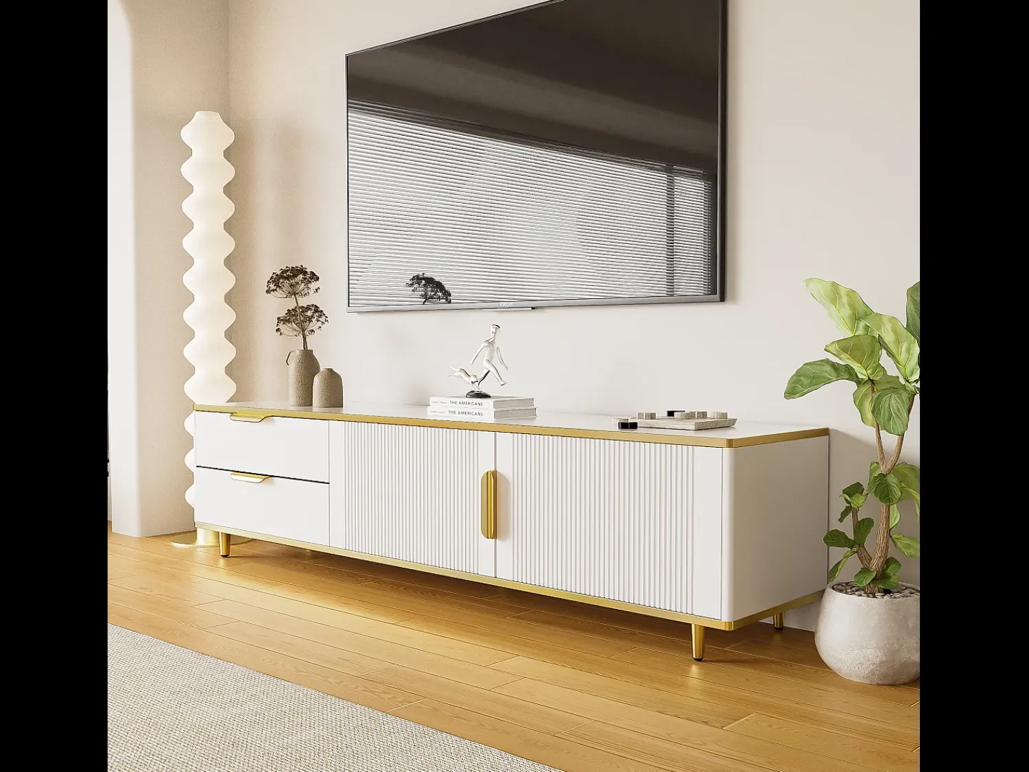 Best Hauss Spole Móvel para TV com 2 portas e 2 gavetas - puxadores e pés dourados - Branco