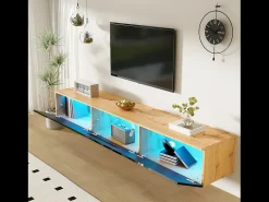 Móvel De Tv| Móvel para TV com 3 portas e iluminação LED, para sala de estar, fixado na parede, em madeira, 180 cm, nas cores e madeira. Preto