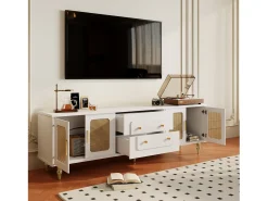 Móvel para TV com 4 portas, 2 gavetas, porta de vidro e pés de madeira maciça para sala de estar de 70 a 79 polegadas, . Branco