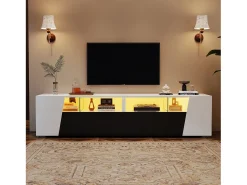 Móvel De Tv*Merax Móvel para TV com acabamento laqueado brilhante - 180 x 38,5 x 45 cm - com LEDs + 2 gavetas + prateleiras abertas - MDF + Vidro - + preto. Branco