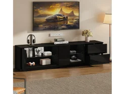Móvel De Tv|Merax Móvel para TV com acabamento brilhante - 160 x 40 x 52 cm - com LEDs + 1 porta + 2 gavetas - MDF - Preto