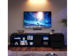 Móvel De Tv|Merax Móvel para TV com acabamento brilhante - 160 x 40 x 52 cm - com LEDs + 1 porta + 2 gavetas - MDF - Preto