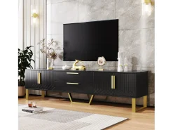Best Merax Móvel para TV com acabamento brilhante, 4 portas e 2 gavetas - 170 x 39 x 53,5 cm - puxadores e pés dourados - MDF - Preto