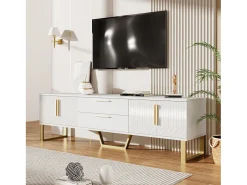 New Hauss Spole Móvel para TV com acabamento lacado brilhante, 4 gavetas e 2 portas - Porta texturada - e dourado Branco
