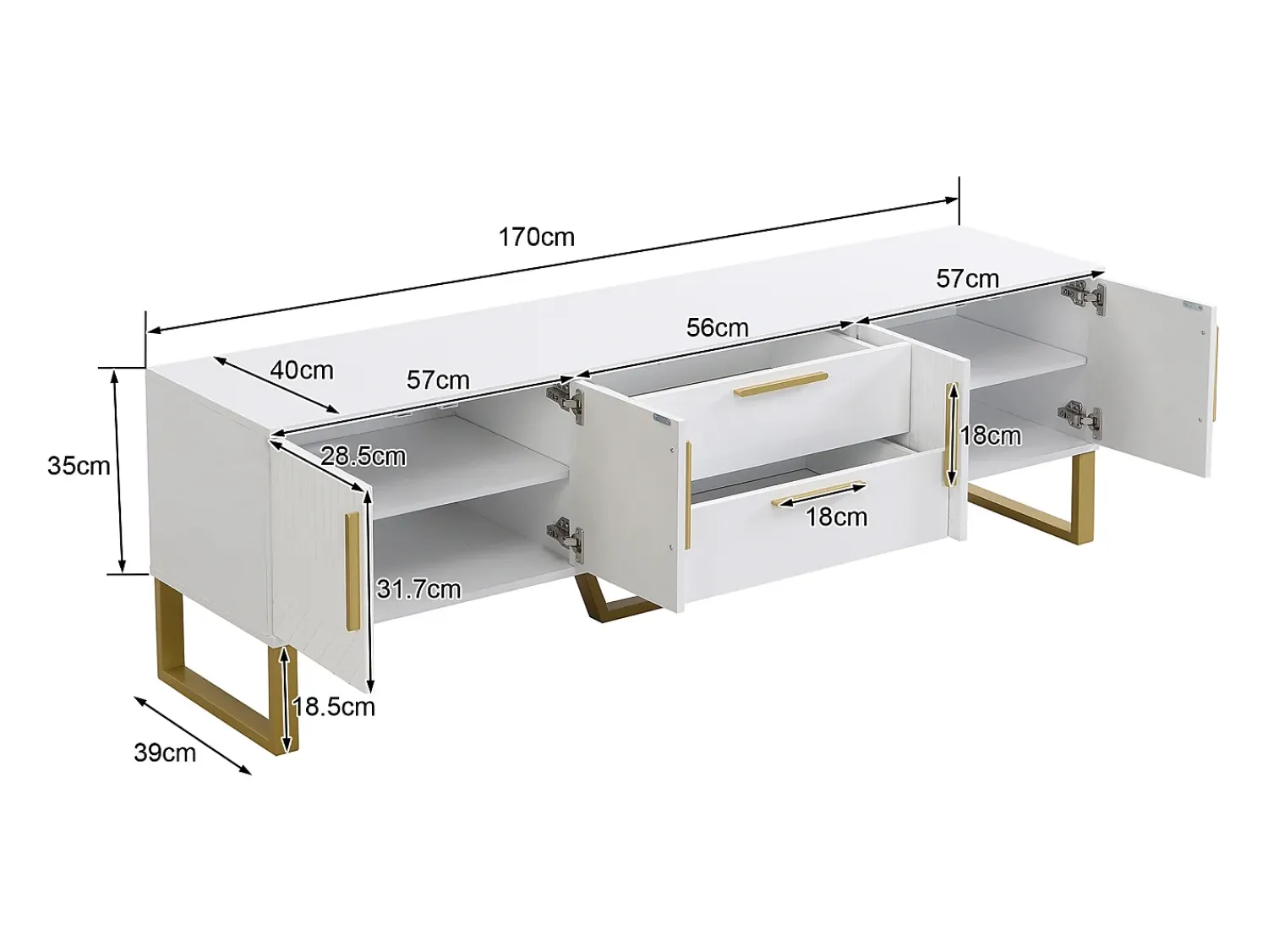 New Hauss Spole Móvel para TV com acabamento lacado brilhante, 4 gavetas e 2 portas - Porta texturada - e dourado Branco