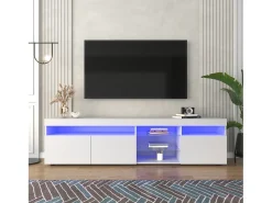 Móvel De Tv* Móvel para TV com espaço de armazenamento, 3 portas e 2 prateleiras de vidro, com iluminação LED ajustável, . Branco