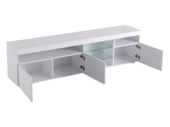 Móvel De Tv* Móvel para TV com espaço de armazenamento, 3 portas e 2 prateleiras de vidro, com iluminação LED ajustável, . Branco