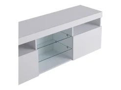 Móvel De Tv* Móvel para TV com espaço de armazenamento, 3 portas e 2 prateleiras de vidro, com iluminação LED ajustável, . Branco