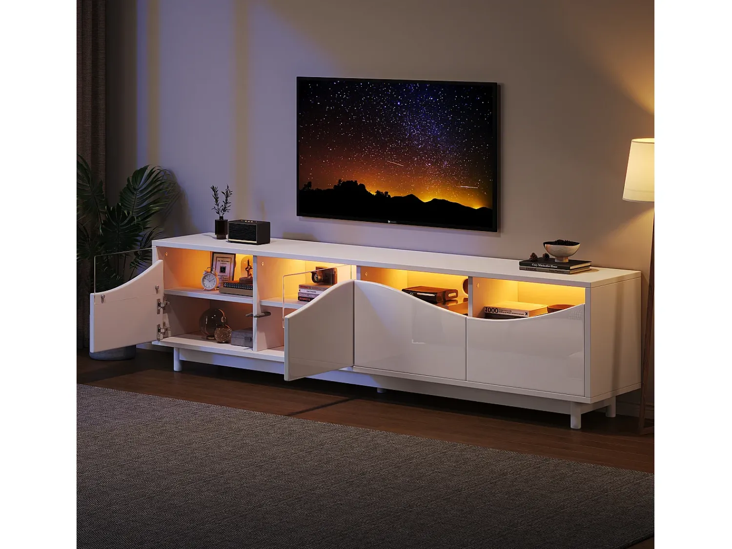Móvel De Tv| Móvel para TV com iluminação LED, com 4 portas de vidro, portas com design curvo, 175x38x51 cm, Branco