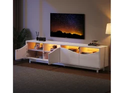 Móvel De Tv| Móvel para TV com iluminação LED, com 4 portas de vidro, portas com design curvo, 175x38x51 cm, Branco