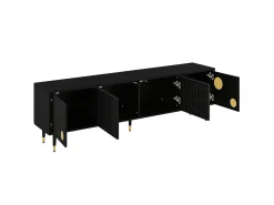 Móvel De Tv| Móvel para TV com portas de madeira maciça, 170 x 36 x 54 cm, puxadores ocultos e detalhes dourados, . Preto