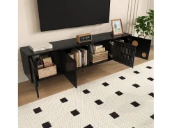 Móvel De Tv| Móvel para TV com portas de madeira maciça, 170 x 36 x 54 cm, puxadores ocultos e detalhes dourados, . Preto