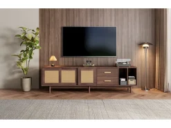 Best Móvel para TV de 190 cm com gavetas, MDF marrom com detalhes em rattan. Natural escuro