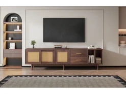 Best Móvel para TV de 190 cm com gavetas, MDF marrom com detalhes em rattan. Natural escuro