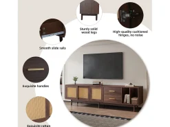 Best Móvel para TV de 190 cm com gavetas, MDF marrom com detalhes em rattan. Natural escuro