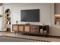 Best Móvel para TV de 190 cm com gavetas, MDF marrom com detalhes em rattan. Natural escuro