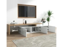 Móvel De Tv| Móvel para TV de 197 cm com iluminação LED, 3 portas e prateleiras de vidro, comprimento ideal para sala de estar, Branco