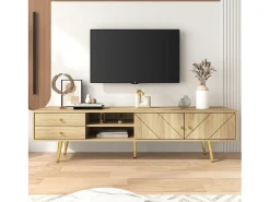 Móvel De Tv* Móvel para TV de 160 cm com pés dourados - Móvel moderno para TV com 2 gavetas e 2 portas - Madeira resistente Natural claro