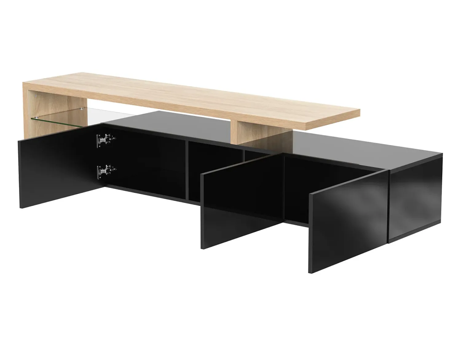 Móvel para TV de 197 cm em brilhante com iluminação LED. Móvel baixo para TV com prateleira de vidro e 3 portas.^ Móvel De Tv