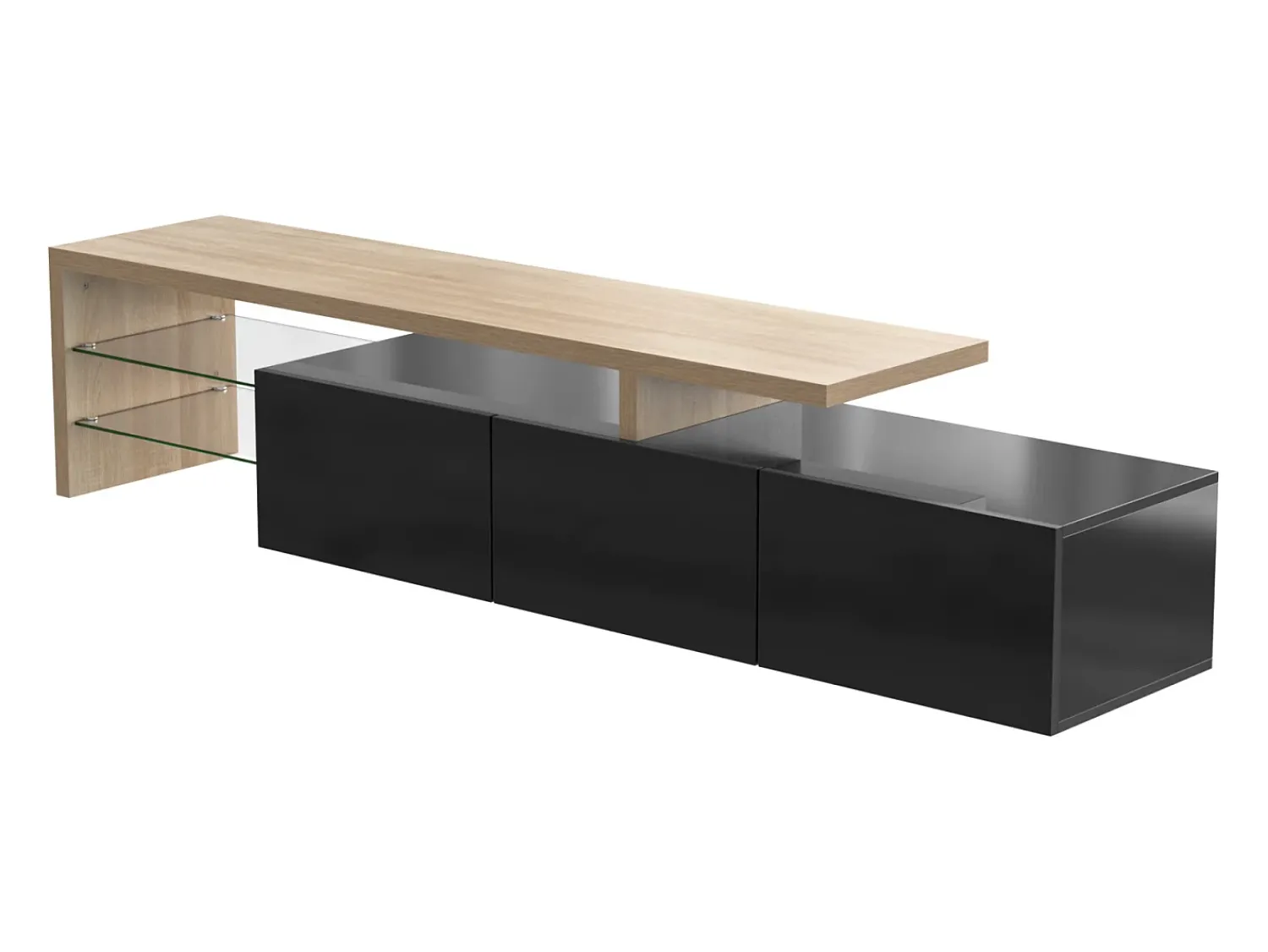 Móvel para TV de 197 cm em brilhante com iluminação LED. Móvel baixo para TV com prateleira de vidro e 3 portas.^ Móvel De Tv