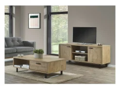 Sale Meublorama Móvel para TV de 170cm na cor carvalho dourado com 2 gavetas e 2 nichos coleção NEWTON. Pés em metal. Castanho
