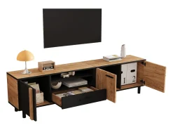 Merax Móvel para TV de sala de estar - 180 x 32,5 x 50 cm - com 3 portas + 1 gaveta + prateleira - para TVs de 80 polegadas - aglomerado - preto + natural^ Móvel De Tv