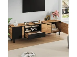 Merax Móvel para TV de sala de estar - 180 x 32,5 x 50 cm - com 3 portas + 1 gaveta + prateleira - para TVs de 80 polegadas - aglomerado - preto + natural^ Móvel De Tv